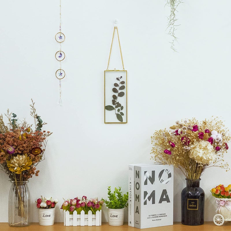 Jajamy Vintage Gold Brass 4x9 Inches Rectangle Pressed Flower Photo Frames  Hanging Double Floating Clear Glass Artwork Picture Frames Display Dried Flowers Plants Specimen Frame Geometric Herbarium Ornament - Image 2